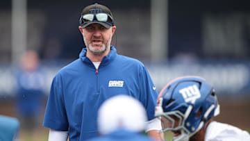 Jul 24, 2024; East Rutherford, NJ, USA; New York Giants defensive coordinator Shane Bowen looks on during training camp at Quest Diagnostics Training Facility. Mandatory Credit: Vincent Carchietta-Imagn Images