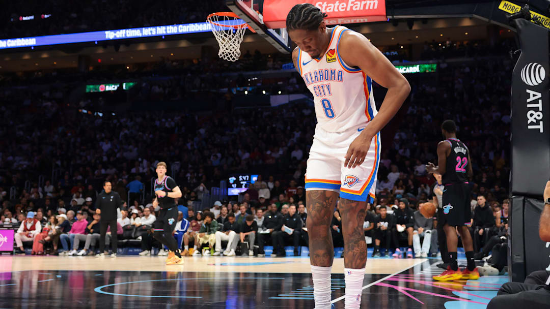 Jan 17, 2026; Miami, Florida, USA; Oklahoma City Thunder guard Jalen Williams (8) grabs the back of his right leg after a play against the Miami Heat during the second quarter at Kaseya Center. Mandatory Credit: Sam Navarro-Imagn Images Jan 17, 2026; Miami, Florida, USA; Oklahoma City Thunder guard Jalen Williams (8) grabs the back of his right leg after a play against the Miami Heat during the second quarter at Kaseya Center. Mandatory Credit: Sam Navarro-Imagn Images