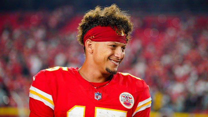 Sep 5, 2024; Kansas City, Missouri, USA; Kansas City Chiefs quarterback Patrick Mahomes (15) speaks with media after the win over the Baltimore Ravens at GEHA Field at Arrowhead Stadium. Mandatory Credit: Denny Medley-Imagn Images