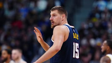 Nov 8, 2025; Denver, Colorado, USA; Denver Nuggets center Nikola Jokic (15) calls out in the second quarter against the Indiana Pacers at Ball Arena.