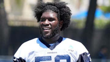 Jul 26, 2025; Oxnard, CA, USA; Dallas Cowboys guard Tyler Booker (52) at training camp at the River Ridge Fields. Mandatory Credit: Kirby Lee-Imagn Images