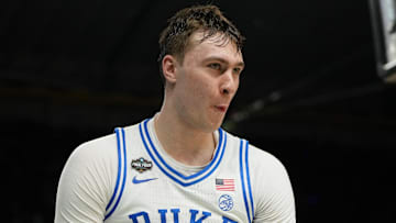 Apr 5, 2025; San Antonio, TX, USA; Duke Blue Devils forward Cooper Flagg (2) reacts after a play against the Houston Cougars during the second half in the semifinals of the men's Final Four of the 2025 NCAA Tournament at the Alamodome. Mandatory Credit: Bob Donnan-Imagn Images