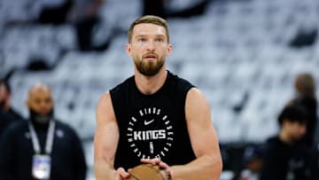Apr 16, 2025; Sacramento, California, USA; Sacramento Kings forward Domantas Sabonis (11) warms up before the game against the Dallas Mavericks at Golden 1 Center. Mandatory Credit: Sergio Estrada-Imagn Images