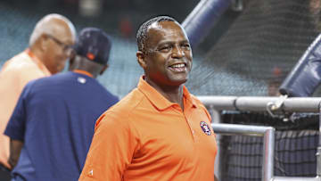 Jul 25, 2023; Houston, Texas, USA; Houston Astros general manager Dana Brown on the field before the game against the Texas Rangers at Minute Maid Park. Mandatory Credit: Troy Taormina-Imagn Images