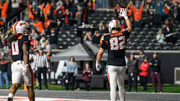 Oct 18, 2025; Corvallis, Oregon, USA; Oregon State Beavers tight end Gabe Milbourn (82) celebrates a touchdown during the third quarter against the Lafayette Leopards at Reser Stadium. Mandatory Credit: Craig Strobeck-Imagn Images