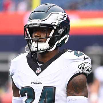 Aug 15, 2024; Foxborough, MA, USA; Philadelphia Eagles cornerback James Bradberry IV (24) warms up before a game against the New England Patriots at Gillette Stadium.  