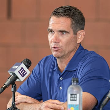 Jul 24, 2024; East Rutherford, NJ, USA; New York Giants general manager Joe Schoen talks to media before the start of training camp at Quest Diagnostics Training Facility.  