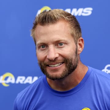 Aug 1, 2024; Los Angeles, CA, USA;  Los Angeles Rams head coach Sean McVay speaks to the media after training camp at Loyola Marymount University. Mandatory Credit: Kiyoshi Mio-USA TODAY Sports