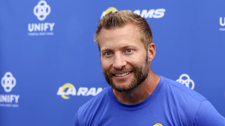 Aug 1, 2024; Los Angeles, CA, USA;  Los Angeles Rams head coach Sean McVay speaks to the media after training camp at Loyola Marymount University. Mandatory Credit: Kiyoshi Mio-USA TODAY Sports