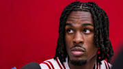 Indiana Hoosiers forward Mackenzie Mgbako (21) listens to a question Wednesday, Sept. 18, 2024, during IU men’s and women’s basketball media day at Simon Skjodt Assembly Hall in Bloomington.
