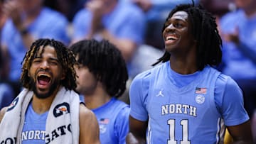 RJ Davis and Ian Jackson celebrating v Virginia Tech