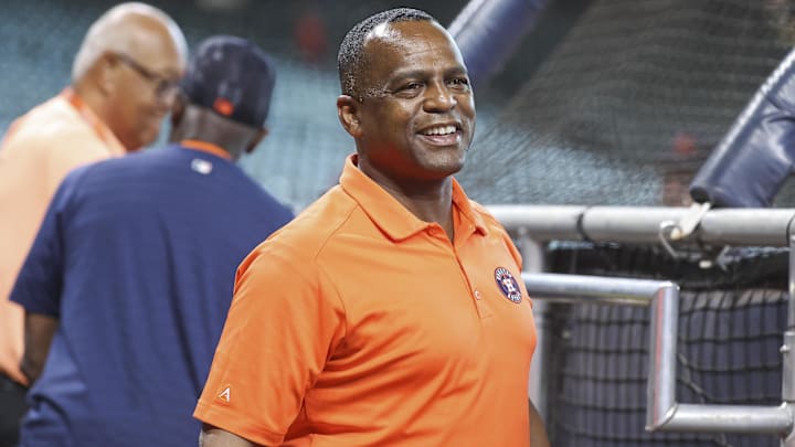 Jul 25, 2023; Houston, Texas, USA; Houston Astros general manager Dana Brown on the field before the game against the Texas Rangers at Minute Maid Park. Mandatory Credit: Troy Taormina-Imagn Images