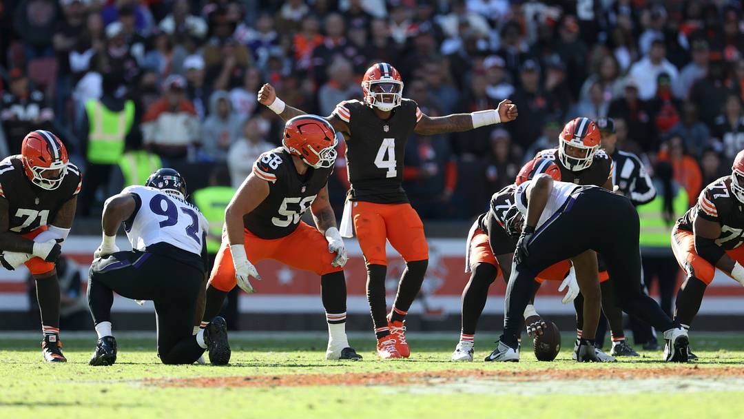 Oct 18, 2026; Cleveland, Ohio, USA;  Cleveland Browns quarterback Deshaun Watson (4) gestures from the line of scrimmage in the fourth quarter against the Baltimore Ravens at Huntington Bank Field.  Mandatory Credit: Scott Galvin-Imagn Images