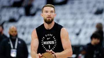 Apr 16, 2025; Sacramento, California, USA; Sacramento Kings forward Domantas Sabonis (11) warms up before the game against the Dallas Mavericks at Golden 1 Center. Mandatory Credit: Sergio Estrada-Imagn Images