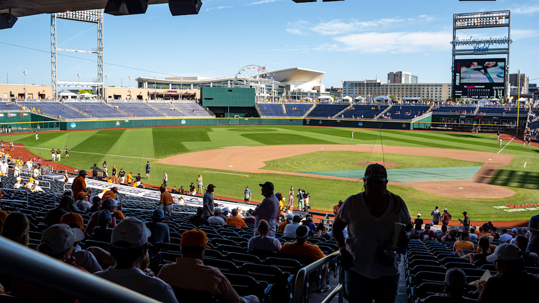 Jun 24, 2024; Omaha, NE, USA; Fans enter Charles Schwab Field Omaha before a game between the Texas A&M Aggies and the Tennessee Volunteers. Mandatory Credit: Dylan Widger-Imagn Images