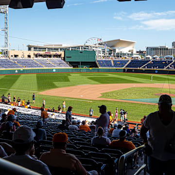 Jun 24, 2024; Omaha, NE, USA; Fans enter Charles Schwab Field Omaha before a game between the Texas A&M Aggies and the Tennessee Volunteers. Mandatory Credit: Dylan Widger-Imagn Images