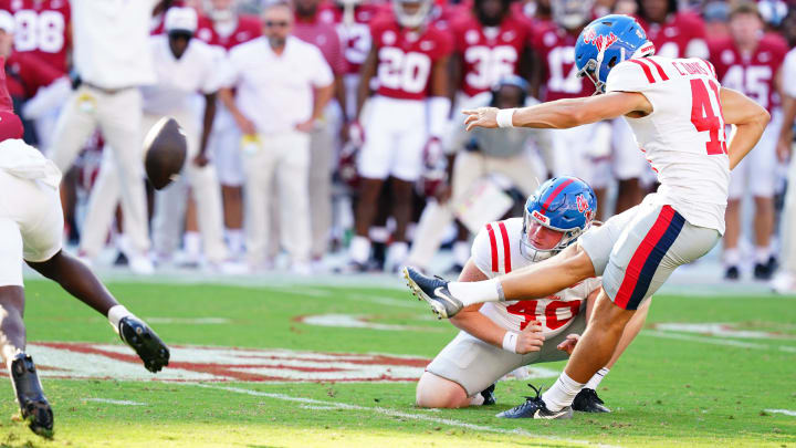 Sep 23, 2023; Tuscaloosa, Alabama, USA; Mississippi Rebels place kicker Caden Davis (41) kicks a field goal against the Alabama Crimson Tide during the third quarter at Bryant-Denny Stadium. Mandatory Credit: John David Mercer-USA TODAY Sports