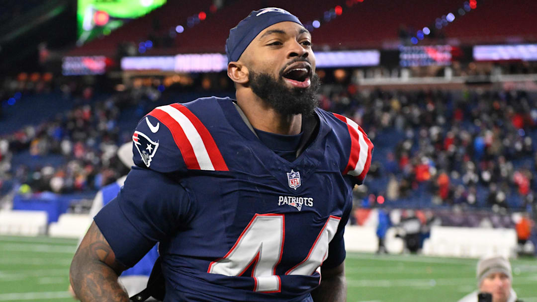 Jan 11, 2026; Foxborough, MA, USA; New England Patriots linebacker K'Lavon Chaisson (44) jogs off the field after defeating the Los Angeles Chargers in an AFC Wild Card Round game at Gillette Stadium. Mandatory Credit: Eric Canha-Imagn Images