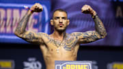 Apr 12, 2024; Las Vegas, Nevada, USA; UFC fighter Renato Moicano during ceremonial weigh ins for UFC 300 at MGM Grand Garden Arena. Mandatory Credit: Mark J. Rebilas-Imagn Images