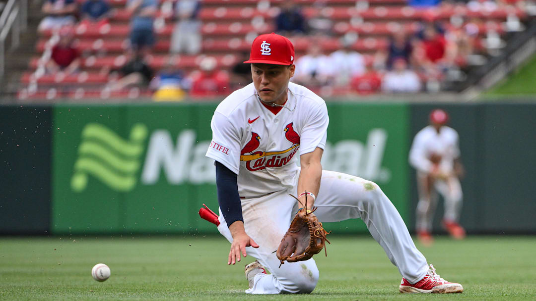 Apr 15, 2026; St. Louis, Missouri, USA; St. Louis Cardinals second baseman JJ Wetherholt (26) knocks down a single hit by Cleveland Guardians third baseman Daniel Schneemann (not pictured) during the seventh inning at Busch Stadium. Players and coaches are wearing number 42 in recognition of Jackie Robinson Day. Mandatory Credit: Jeff Curry-Imagn Images
