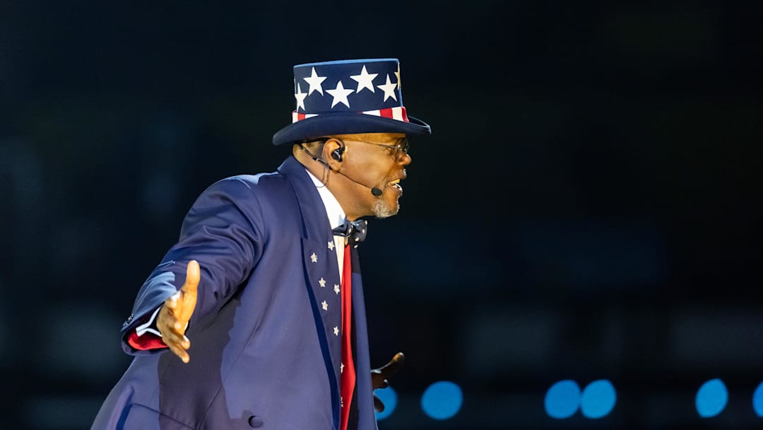 Feb 9, 2025; New Orleans, LA, USA;  Samuel L. Jackson during the halftime show of Super Bowl LIX between the Philadelphia Eagles and the Kansas City Chiefs at Ceasars Superdome. Mandatory Credit: Mark J. Rebilas-Imagn Images