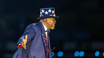 Feb 9, 2025; New Orleans, LA, USA;  Samuel L. Jackson during the halftime show of Super Bowl LIX between the Philadelphia Eagles and the Kansas City Chiefs at Ceasars Superdome. Mandatory Credit: Mark J. Rebilas-Imagn Images