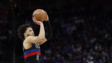 Mar 13, 2025; Detroit, Michigan, USA;  Detroit Pistons guard Cade Cunningham (2) shoots in the second half against the Washington Wizards at Little Caesars Arena. Mandatory Credit: Rick Osentoski-Imagn Images