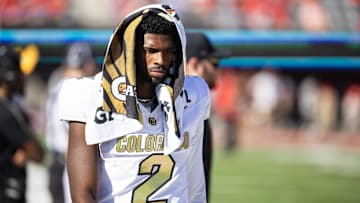 Oct 19, 2024; Tucson, Arizona, USA; Colorado Buffalos quarterback Shedeur Sanders (2) reacts against the Arizona Wildcats at Arizona Stadium. Mandatory Credit: Mark J. Rebilas-Imagn Images