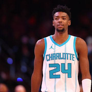 Jan 12, 2025; Phoenix, Arizona, USA; Charlotte Hornets forward Brandon Miller (24) against the Phoenix Suns at Footprint Center. Mandatory Credit: Mark J. Rebilas-Imagn Images