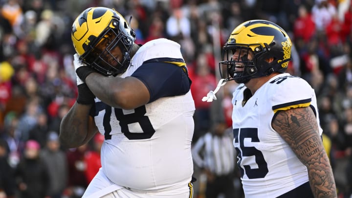 Nov 18, 2023; College Park, Maryland, USA; Michigan Wolverines defensive lineman Kenneth Grant (78) reacts after recording a sack against the Maryland Terrapins during the second half at SECU Stadium. Mandatory Credit: Brad Mills-USA TODAY Sports