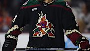 Apr 17, 2024; Tempe, Arizona, USA;  Detailed view of the Arizona Coyotes logo on their kachina themed uniforms at Mullett Arena. Mandatory Credit: Mark J. Rebilas-USA TODAY Sports