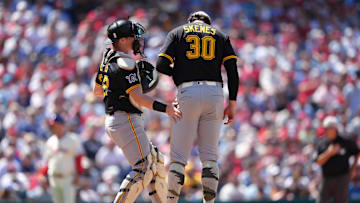 May 18, 2025; Philadelphia, Pennsylvania, USA; Pittsburgh Pirates catcher Henry Davis (32) meets with starting pitcher Paul Skenes (30) against the Philadelphia Phillies in the sixth inning at Citizens Bank Park. Mandatory Credit: Kyle Ross-Imagn Images