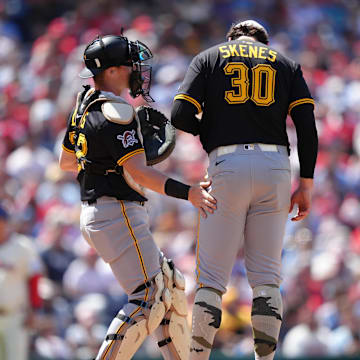 May 18, 2025; Philadelphia, Pennsylvania, USA; Pittsburgh Pirates catcher Henry Davis (32) meets with starting pitcher Paul Skenes (30) against the Philadelphia Phillies in the sixth inning at Citizens Bank Park. Mandatory Credit: Kyle Ross-Imagn Images