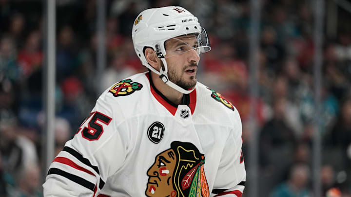 Mar 3, 2019; San Jose, CA, USA; Chicago Blackhawks center Artem Anisimov (15) looks up at the scoreboard in the game against the San Jose Sharks during the third period at SAP Center at San Jose. Mandatory Credit: Stan Szeto-Imagn Images