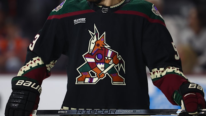 Apr 17, 2024; Tempe, Arizona, USA;  Detailed view of the Arizona Coyotes logo on their kachina themed uniforms at Mullett Arena. Mandatory Credit: Mark J. Rebilas-USA TODAY Sports