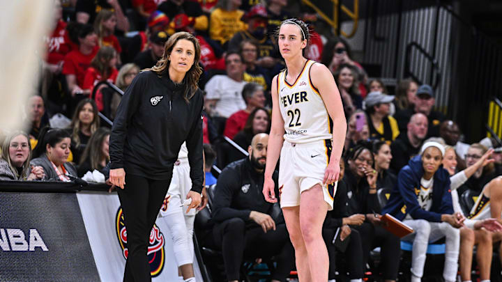 Indiana Fever guard Caitlin Clark (22) and head coach Stephanie White at Carver-Haweye Arena. 