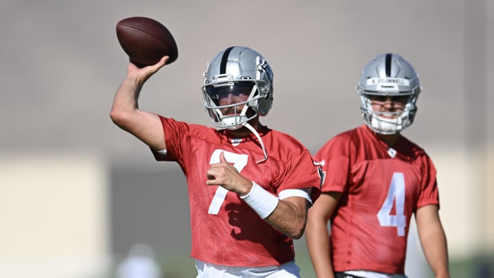 Jul 26, 2023; Las Vegas, Nevada, USA; Las Vegas Raiders quarterback Brian Hoyer (7) during training camp at the Intermountain Health Performance Center. Mandatory Credit: Candice Ward-USA TODAY Sports