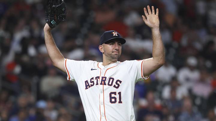 Sep 16, 2025; Houston, Texas, USA; Houston Astros starting pitcher Colton Gordon (61) raises his arms after a play during the sixth inning against the Texas Rangers at Daikin Park. Mandatory Credit: Troy Taormina-Imagn Images
