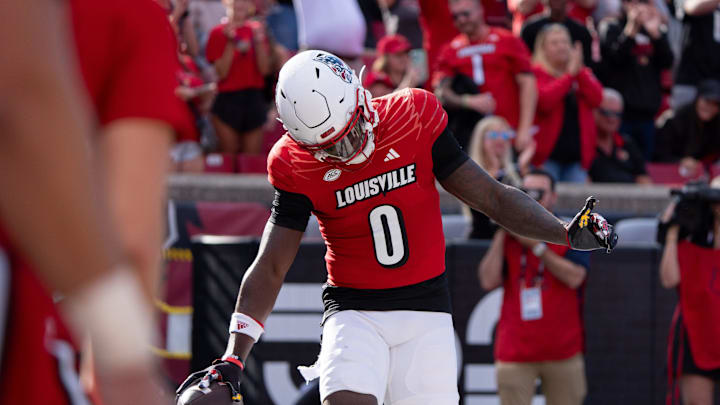 Louisville Cardinals wide receiver Chris Bell (0) celebrates his touchdown during their game against the Jacksonville State Gamecocks on Saturday, Sept. 7, 2024 at L&N Federal Credit Union Stadium in Louisville, Ky.