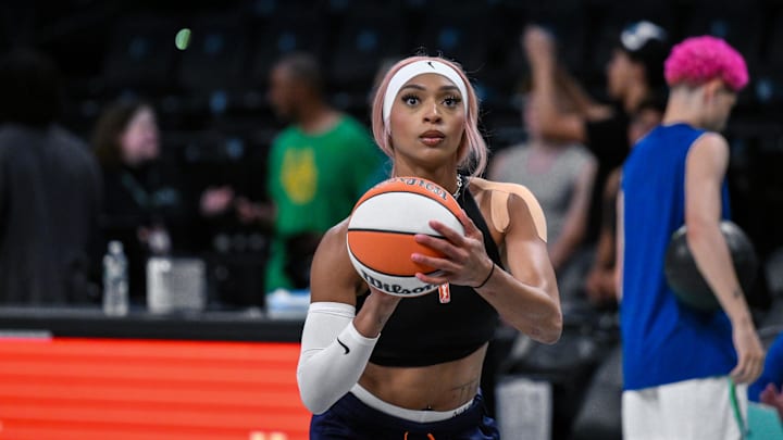 Aug 10, 2025; Brooklyn, New York, USA; Minnesota Lynx guard DiJonai Carrington (3) warms up before a game against the New York Liberty at Barclays Center. Mandatory Credit: John Jones-Imagn Images