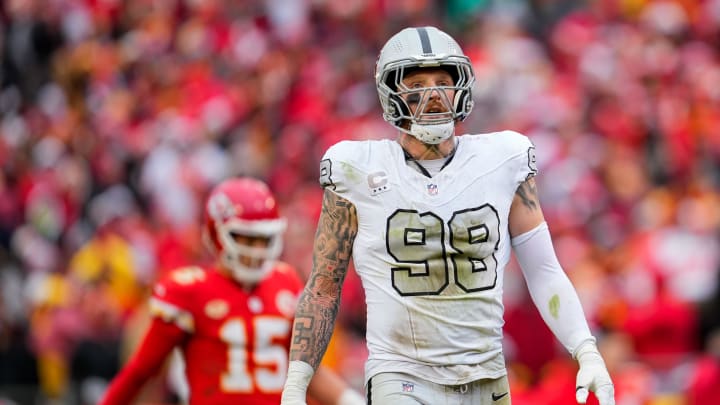 Dec 25, 2023; Kansas City, Missouri, USA; Las Vegas Raiders defensive end Maxx Crosby (98) reacts during the second half against the Kansas City Chiefs at GEHA Field at Arrowhead Stadium. Mandatory Credit: Jay Biggerstaff-USA TODAY Sports