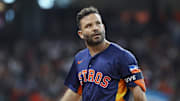 Sep 22, 2024; Houston, Texas, USA; Houston Astros second baseman Jose Altuve (27) looks up after a play during the seventh inning against the Los Angeles Angels at Minute Maid Park.