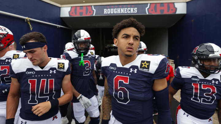 Mar 31, 2024; Houston, TX, USA; Houston Roughnecks quarterback Jarrett Guarantano (6) comes onto the field before a game between the Memphis Showboats and the Houston Roughnecks at Rice Stadium. Mandatory Credit: Joseph Buvid-USA TODAY Sports