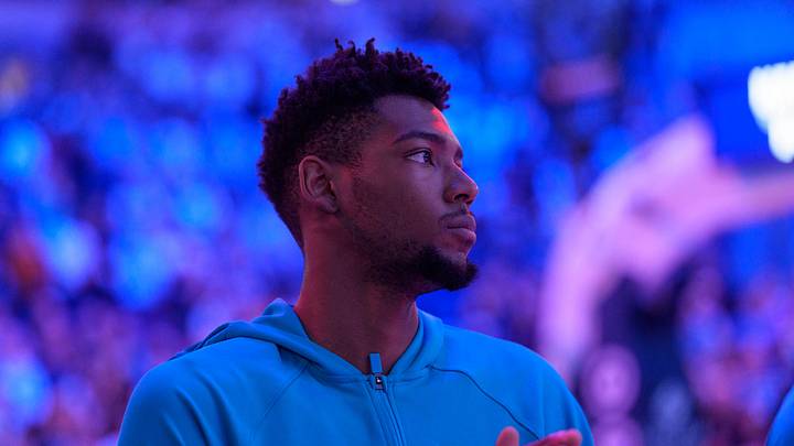 Apr 5, 2026; Minneapolis, Minnesota, USA; Charlotte Hornets forward Brandon Miller (24) during the pregame entertainment before the game against the Minnesota Timberwolves at Target Center. Mandatory Credit: Matt Blewett-Imagn Images