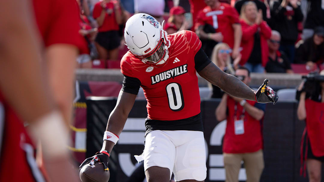 Louisville Cardinals wide receiver Chris Bell (0) celebrates his touchdown during their game against the Jacksonville State Gamecocks on Saturday, Sept. 7, 2024 at L&N Federal Credit Union Stadium in Louisville, Ky. Louisville Cardinals wide receiver Chris Bell (0) celebrates his touchdown during their game against the Jacksonville State Gamecocks on Saturday, Sept. 7, 2024 at L&N Federal Credit Union Stadium in Louisville, Ky.