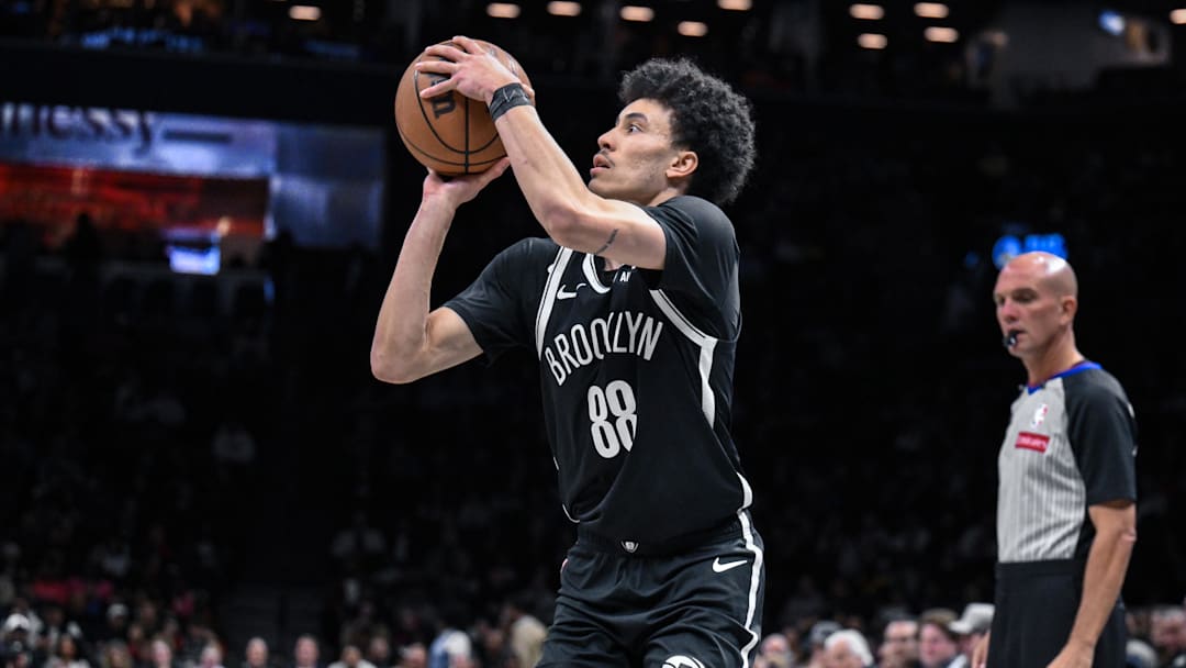 Mar 29, 2026; Brooklyn, New York, USA; Brooklyn Nets guard Nolan Traore (88) shoots the ball against the Sacramento Kings during the first half at Barclays Center. Mandatory Credit: John Jones-Imagn Images