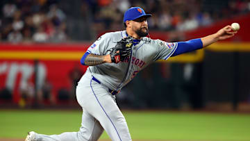 Aug 27, 2024; Phoenix, Arizona, USA; New York Mets pitcher Sean Manaea in the seventh inning against the Arizona Diamondbacks at Chase Field. Mandatory Credit: Mark J. Rebilas-Imagn Images
