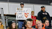 Oct 18, 2025; Corvallis, Oregon, USA; Oregon State Beavers hopeful fan holds a sign during the first quarter against the Lafayette Leopards at Reser Stadium. Mandatory Credit: Craig Strobeck-Imagn Images