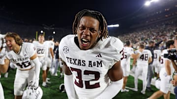 Sep 13, 2025; South Bend, Indiana, USA; Texas A&M Aggies celebrate after their win against Notre Dame Fighting Irish at Notre Dame Stadium. Mandatory Credit: Trevor Ruszkowski-Imagn Images