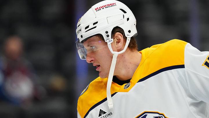 Jan 16, 2026; Denver, Colorado, USA; Nashville Predators right wing Michael McCarron (47) before the game against the Colorado Avalanche at Ball Arena. Mandatory Credit: Ron Chenoy-Imagn Images